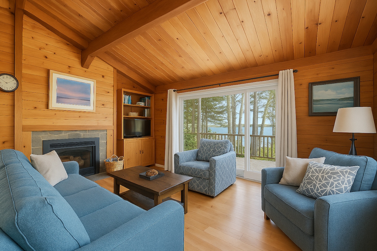 An open-concept living area is highlighted by warm wood paneling and large windows, offering views of the surrounding trees and ocean. Two blue sofas and a matching chair provide comfortable seating, centered around a wooden coffee table. Light drapes frame the sliding glass door that leads to the deck.