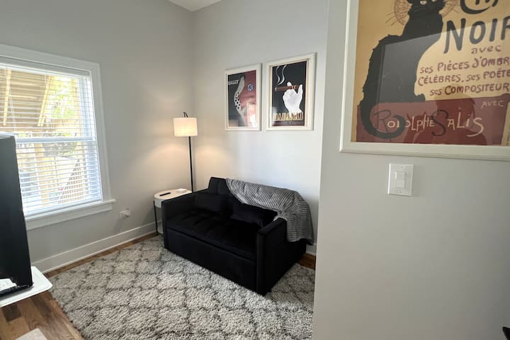 Terceiro quarto ensolarado e iluminado com sofá-cama de tamanho completo, lâmpada remota, ventilador remoto, TV Samsung de 47 polegadas com Roku em suporte rolante, mesa dobrável e cadeira disponível no armário
