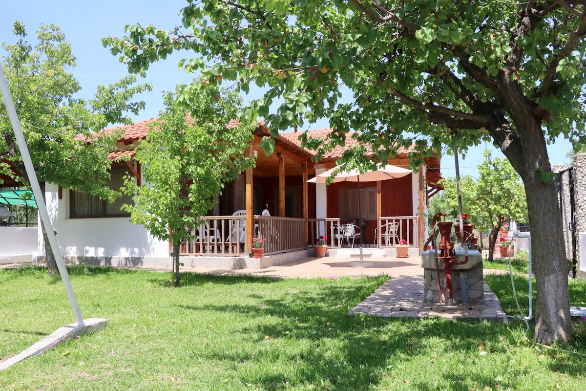 The villa is surrounded by a well-maintained garden, featuring lush green grass and seasonal trees. A spacious patio is visible, providing shaded seating areas. The property's architecture includes wooden elements, and a swing set can be seen, adding to the inviting outdoor space.