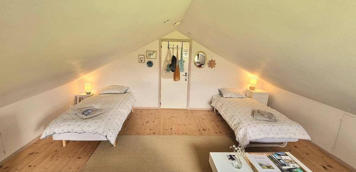 Dve jednolôžka 200 cm x 90 cm s bavlnenou bielizňou a prikrývkami. Postele sa dajú posunúť k sebe. Strop je šikmý.