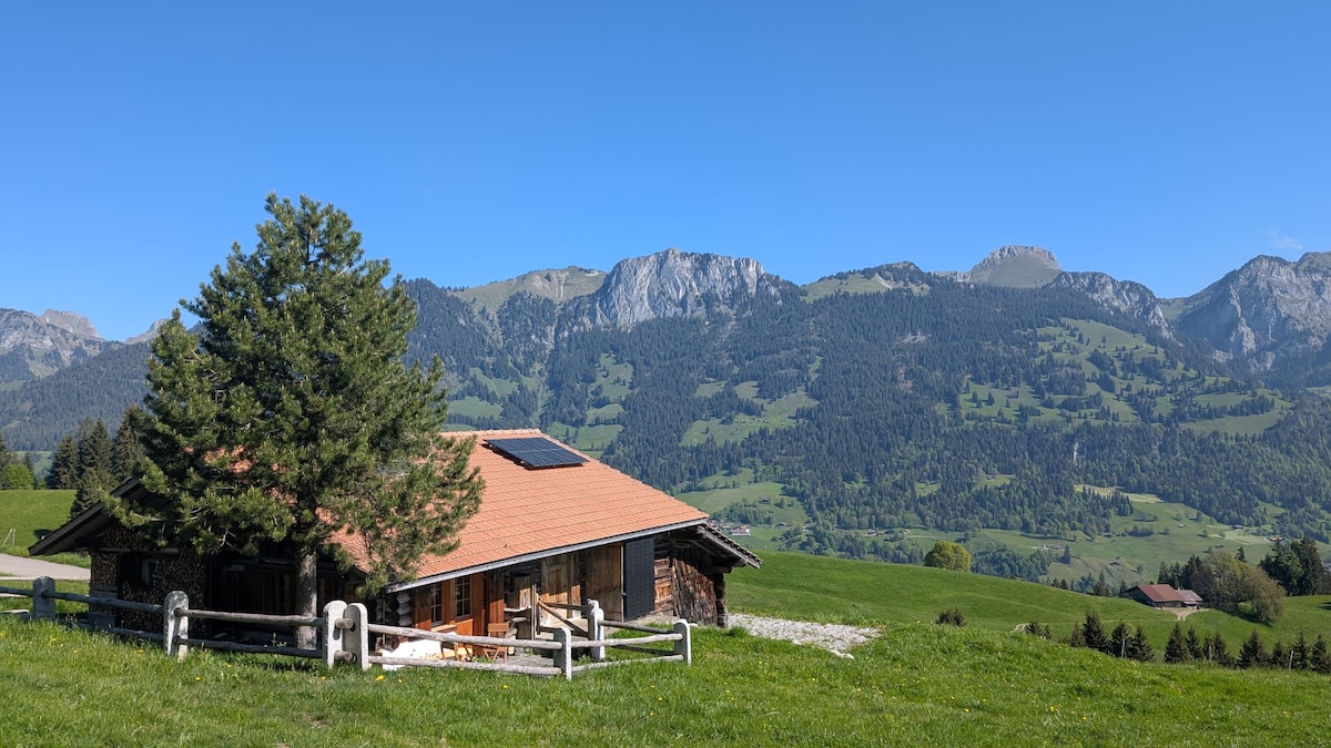A rustic wooden chalet is positioned against a backdrop of rolling green hills and mountains. A solar panel is visible on the roof, and outdoor seating is arranged on the porch. The clear blue sky enhances the serene natural setting.