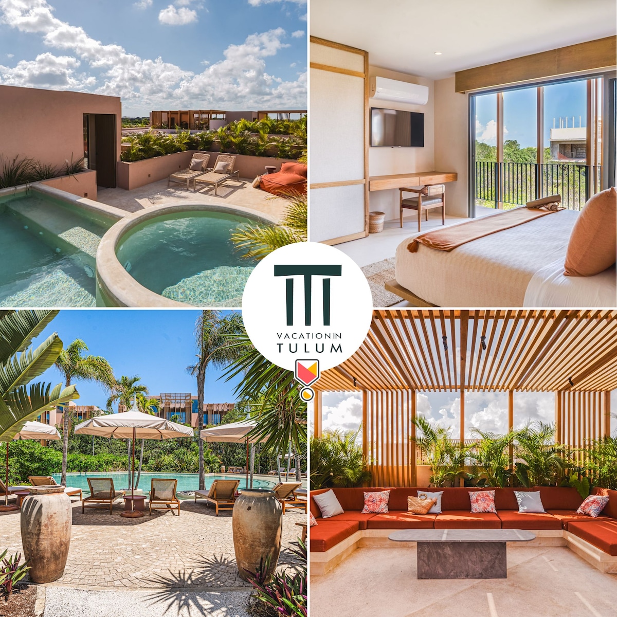 Two private rooftops are showcased, featuring individual pools and cozy seating areas surrounded by lush greenery. The interior image displays a bright bedroom with a spacious bed, a desk, and large windows inviting natural light, while an outdoor lounging area highlights comfortable furnishings.