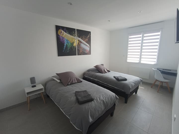 chambre de 15 M2 est équipée d'un lit modulable a la demande soit un lit double de 180 x 200 soit deux lits simples 90 x 200
elle est  équipée d'un dressing, télévision, bureau, table de chevet ,lampes , prises USB,USB,rideau store et volet roulant