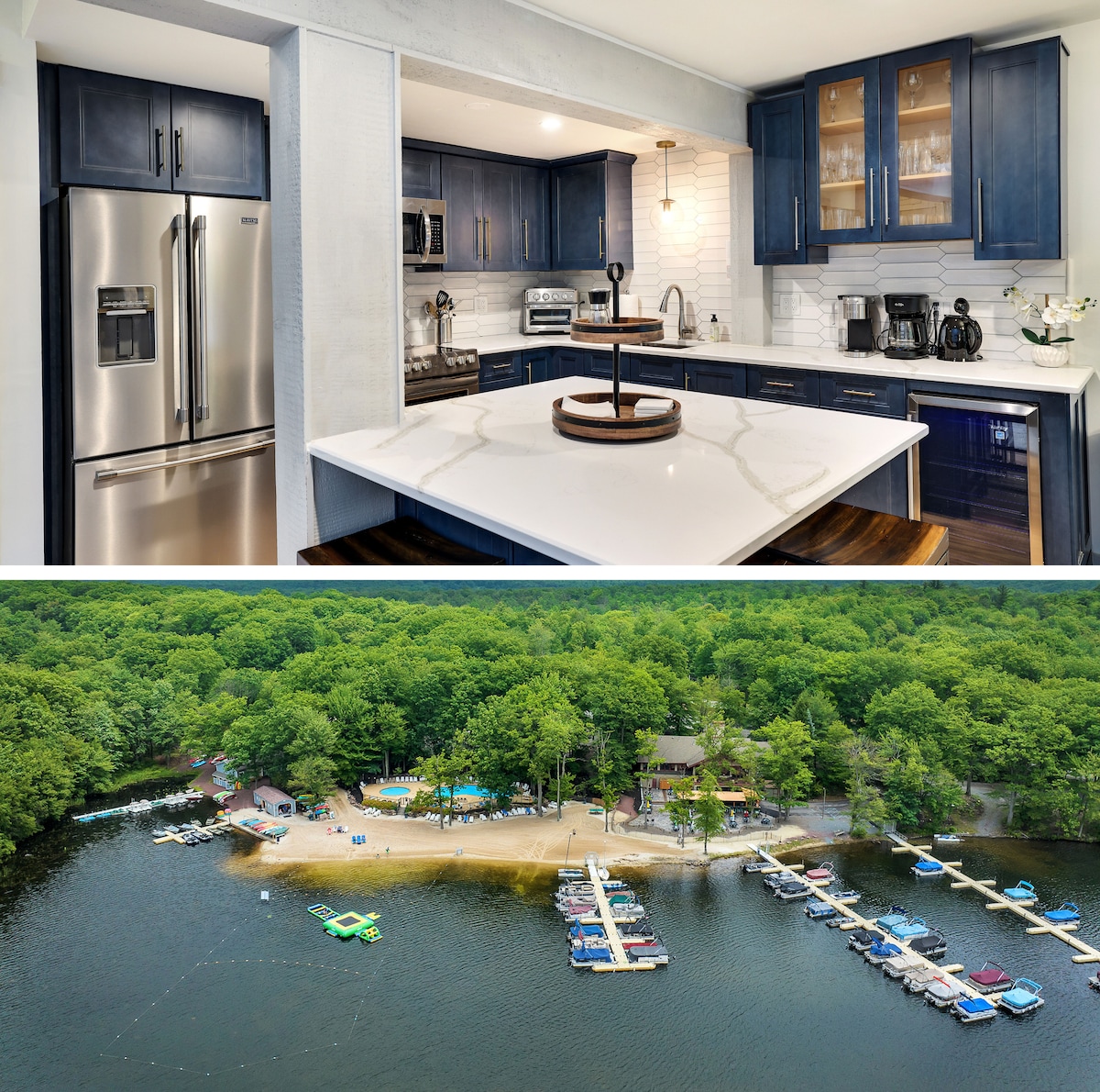 The kitchen features navy blue cabinetry, stainless steel appliances, and a large island with seating. The open layout enhances the space, encouraging gatherings. Below, the outdoor area offers a spacious beach with various activities, including swim access, lounge chairs, and docks for boating.