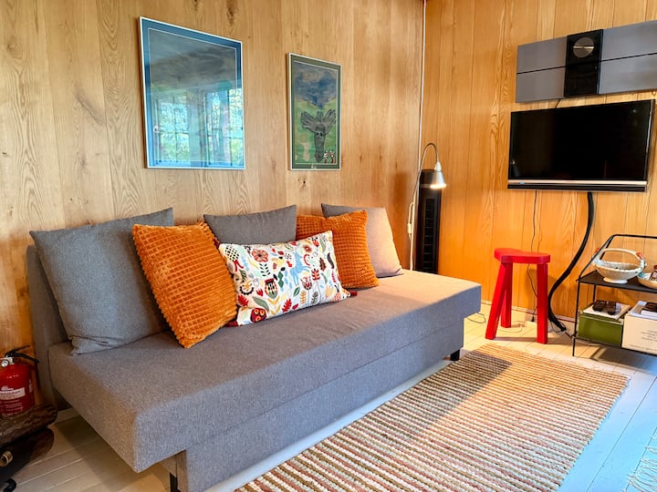 This sofa bed has everything you need. Cozy up the the fire, watch some TV, enjoy nature with a cold beer, or fold it out and sleep like a baby.