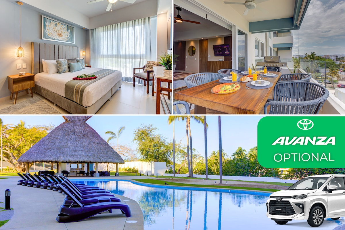 A spacious bedroom with large windows features a stylish bed and ceiling fan. The dining area is complemented by a modern table and comfortable chairs. The terrace is visible, showcasing a palapa beside a swimming pool lined with lounge chairs under palm trees.