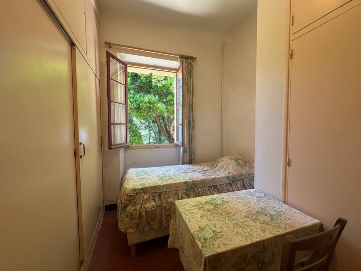 Petite chambre charmante avec lit simple et fenêtre sur la végétation. Idéale pour une personne en quête de tranquillité, dans une ambiance douce et naturelle.