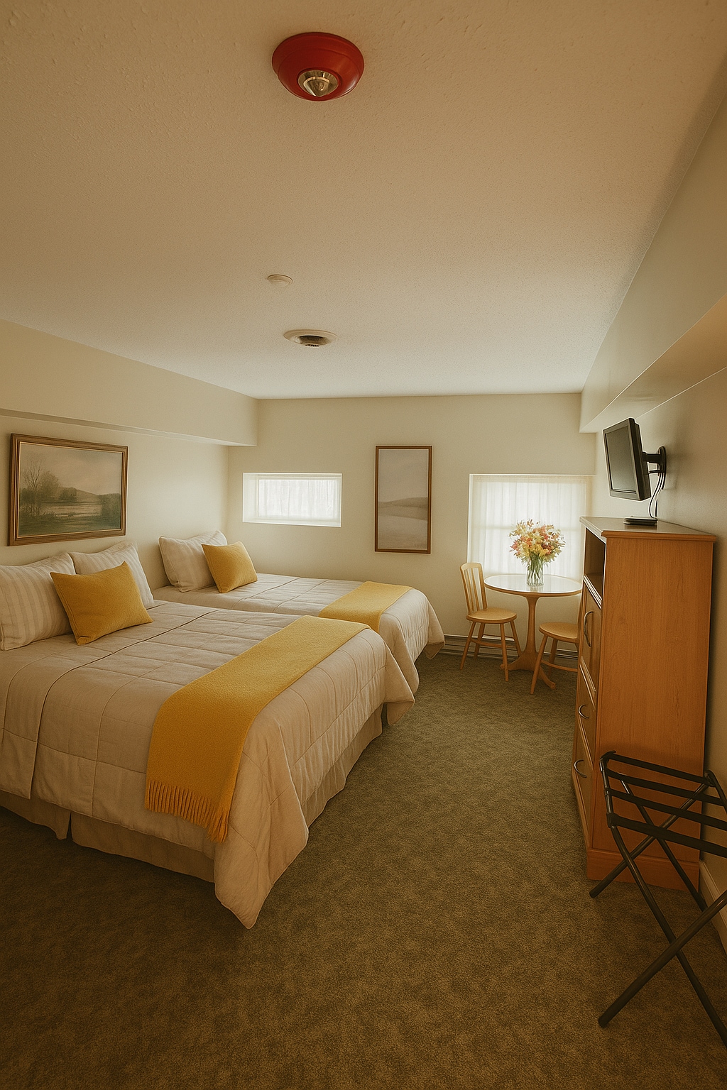 A room features two spacious beds dressed in neutral tones, complemented by yellow throws. A small table and chair are positioned next to a floral centerpiece, while two windows provide soft natural light. A television is mounted on the wall for convenience.