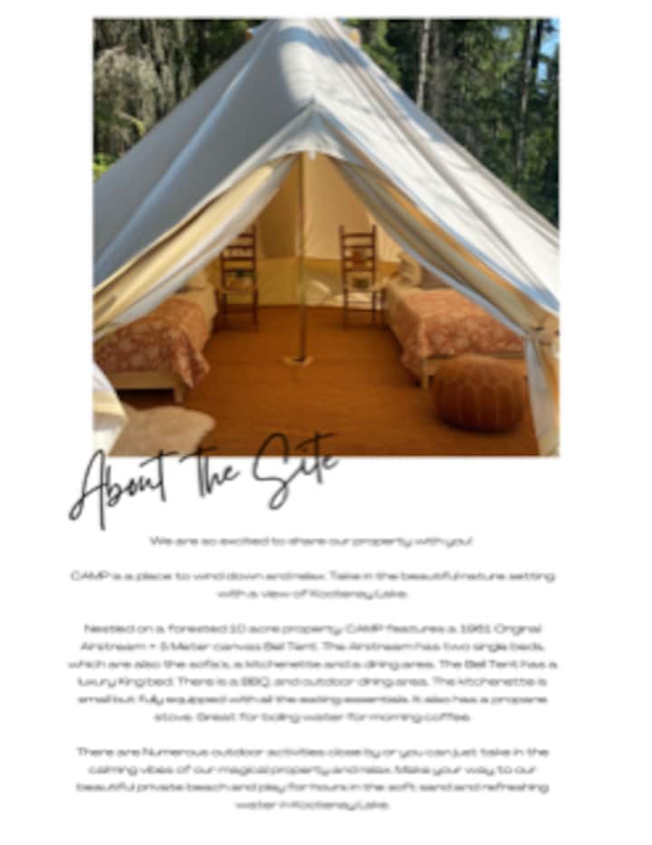 Tienda de campaña de lona de 16&#x27; totalmente amueblada con cama tamaño queen.  Chimenea de gas en el patio con asientos para noches románticas bajo las estrellas.