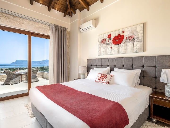 First Floor: Bedroom 2 -  Convertible twin/king bed, ensuite with stunning glass roof shower, balcony with sea view