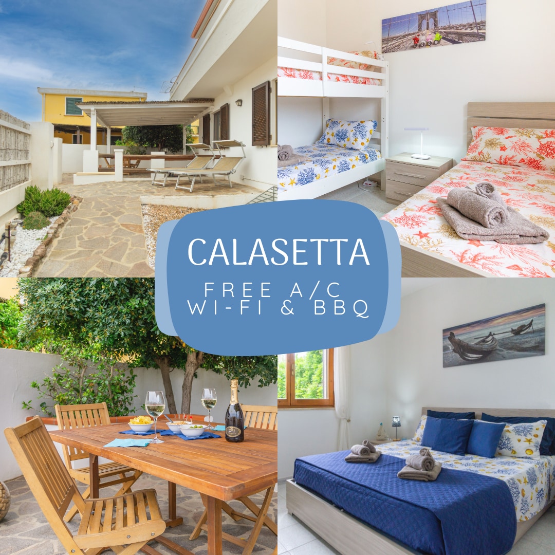 The collage displays various areas of the property: an outdoor patio with sun loungers, a cozy bedroom showcasing comfortable bedding, a bright space featuring a bunk bed, and an outdoor dining table set for two, complete with champagne and glasses.