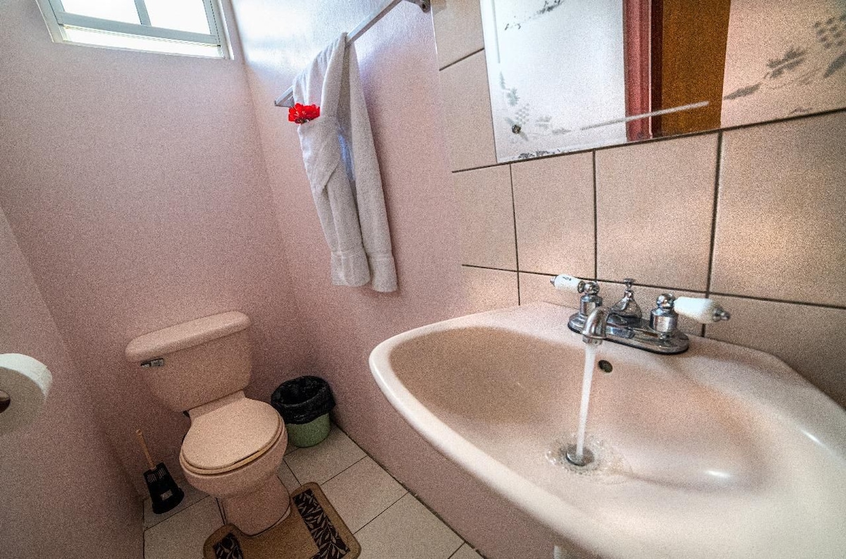 The bathroom features tiled walls in a soft pink hue. A white toilet and a sink with polished chrome fixtures are present. A mirror above the sink reflects the interior. A towel hung on a rack adds a touch of comfort, while a small wastebasket is positioned near the back.