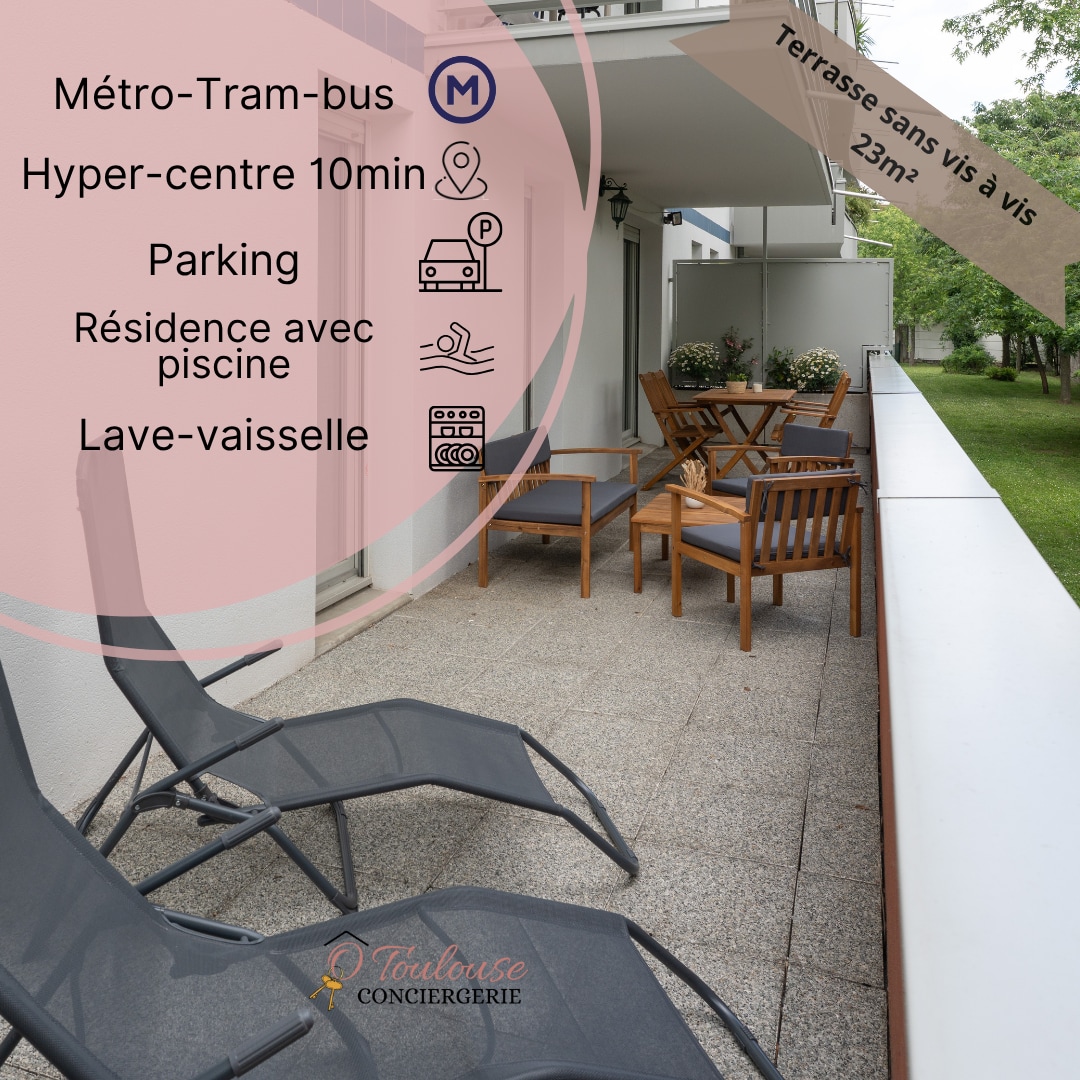 A spacious terrace is furnished with comfortable lounge chairs and a wooden seating area. The setting provides an unobstructed view of greenery, enhancing the tranquil environment. The terrace area appears ideal for relaxation, equipped to accommodate outdoor gatherings.