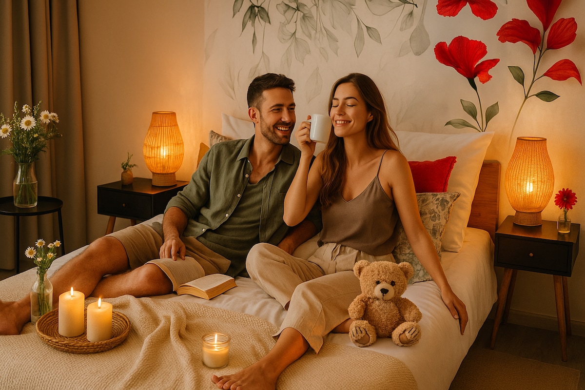 A serene bedroom scene is depicted, featuring a spacious bed adorned with soft linens. The backdrop showcases a floral mural, while soft lighting illuminates the space from woven lamps. A teddy bear rests on the bed, accompanied by a book and candles, creating a cozy ambiance.