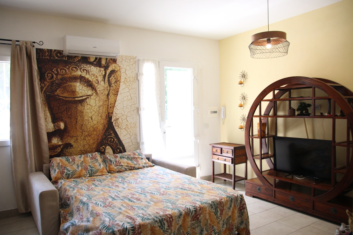 A bright studio apartment features a comfortable bed adorned with a colorful floral bedspread. A large mural of a Buddha's face adds a serene touch to the space. Adjacent, a wooden cabinet supports a television, and natural light enters through multiple windows.