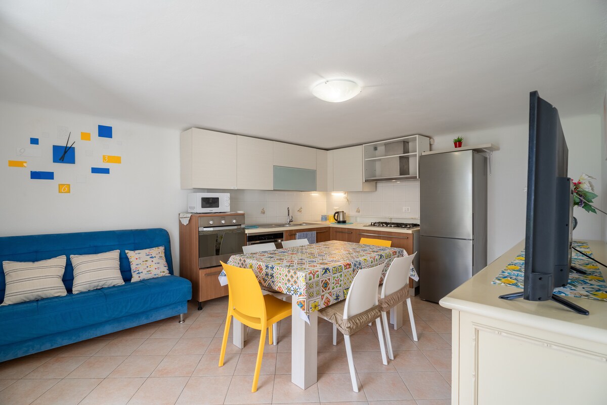 Cocina completa con todos los electrodomésticos y utensilios de cocina (horno, microondas, estufa, refrigerador, lavavajillas y hervidor eléctrico).
La cocina se completa con el cómodo sofá cama doble para 2 personas y TV.