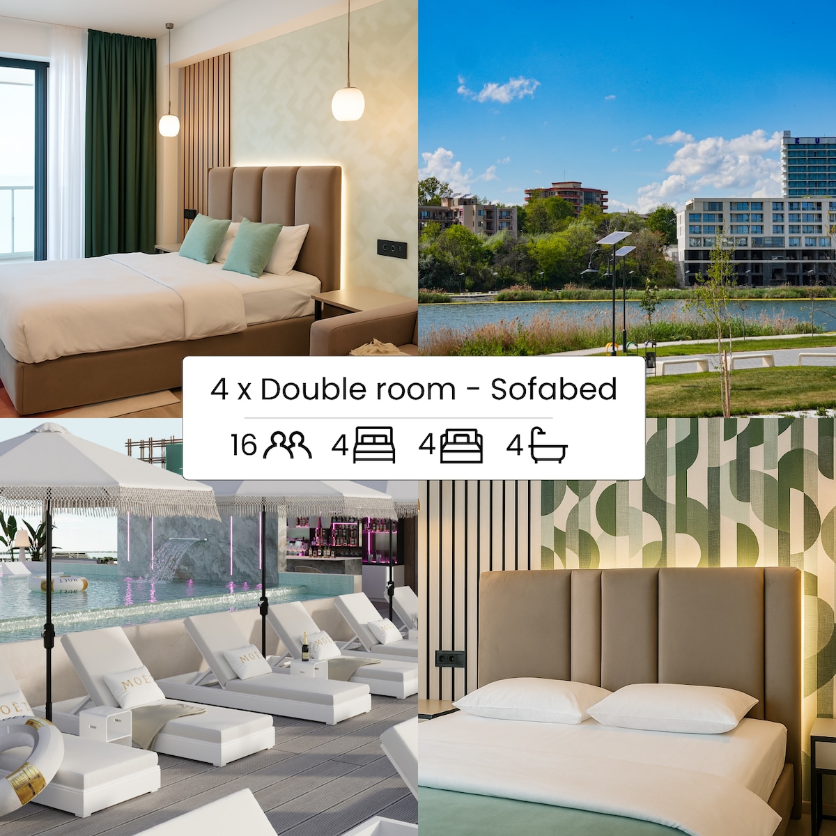 A double room is presented with a soft beige headboard, a spacious bed, and decorator pillows. Large windows offer natural light and views of the outdoor scenery. Nearby, a stylish lounge area with sunbeds and umbrellas invites relaxation, while a vibrant entertainment space showcases a modern design.