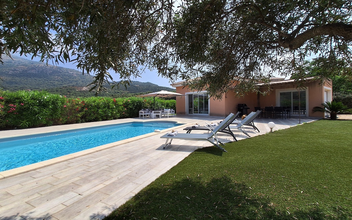 An outdoor area features a rectangular pool set within a stone patio. Sun loungers are arranged beside the pool, surrounded by manicured grass and leafy greenery. The villa is visible in the background, with glass doors that open onto the patio space, enhancing the open and inviting layout.