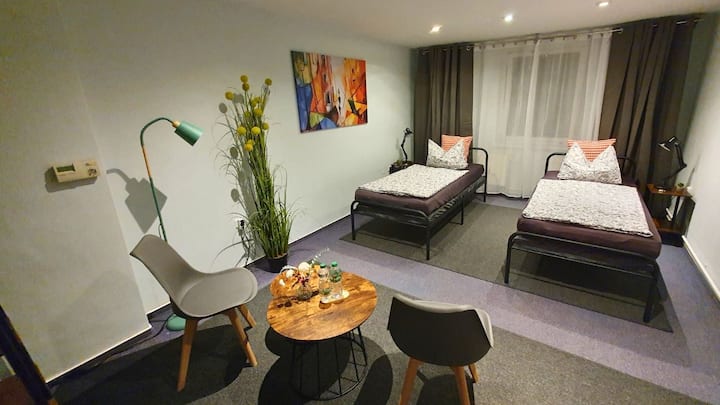 Habitación acogedora con dos camas individuales, ideal para amigos, hermanos o compañeros de trabajo que quieran dormir cómodamente uno al lado del otro.