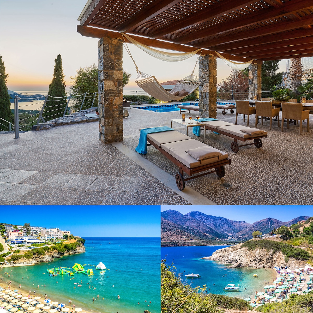A spacious patio area offers comfortable loungers and an inviting dining setup beneath a wooden pergola. The private pool glimmers in the background, with views of the serene coastal landscape and distant mountains. Below, two scenic coastal views showcase bustling beaches and calm azure waters.