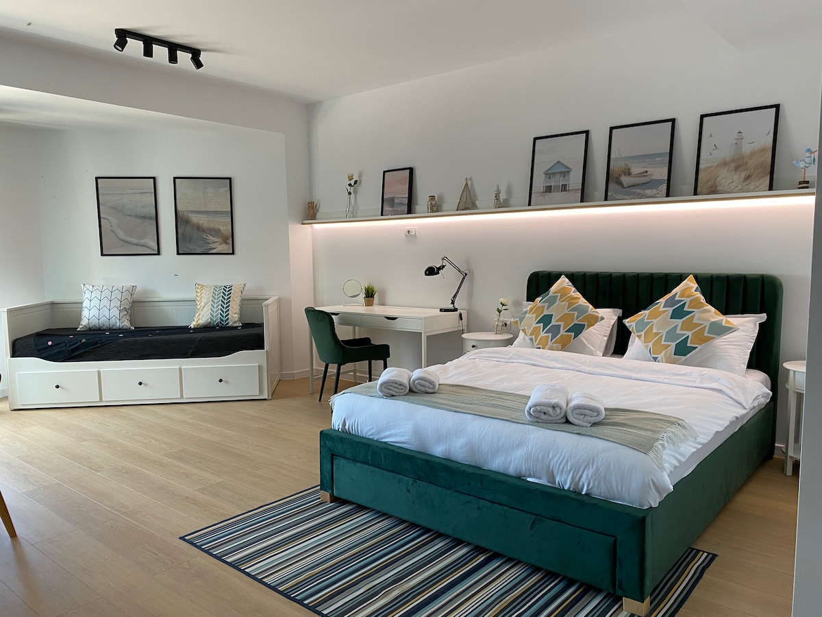 The studio is designed with a space featuring a king-size bed with decorative pillows. A work desk and chair are positioned nearby, alongside a cozy seating area with a daybed. Framed artworks are arranged on the wall, and a striped rug adds texture to the floor.