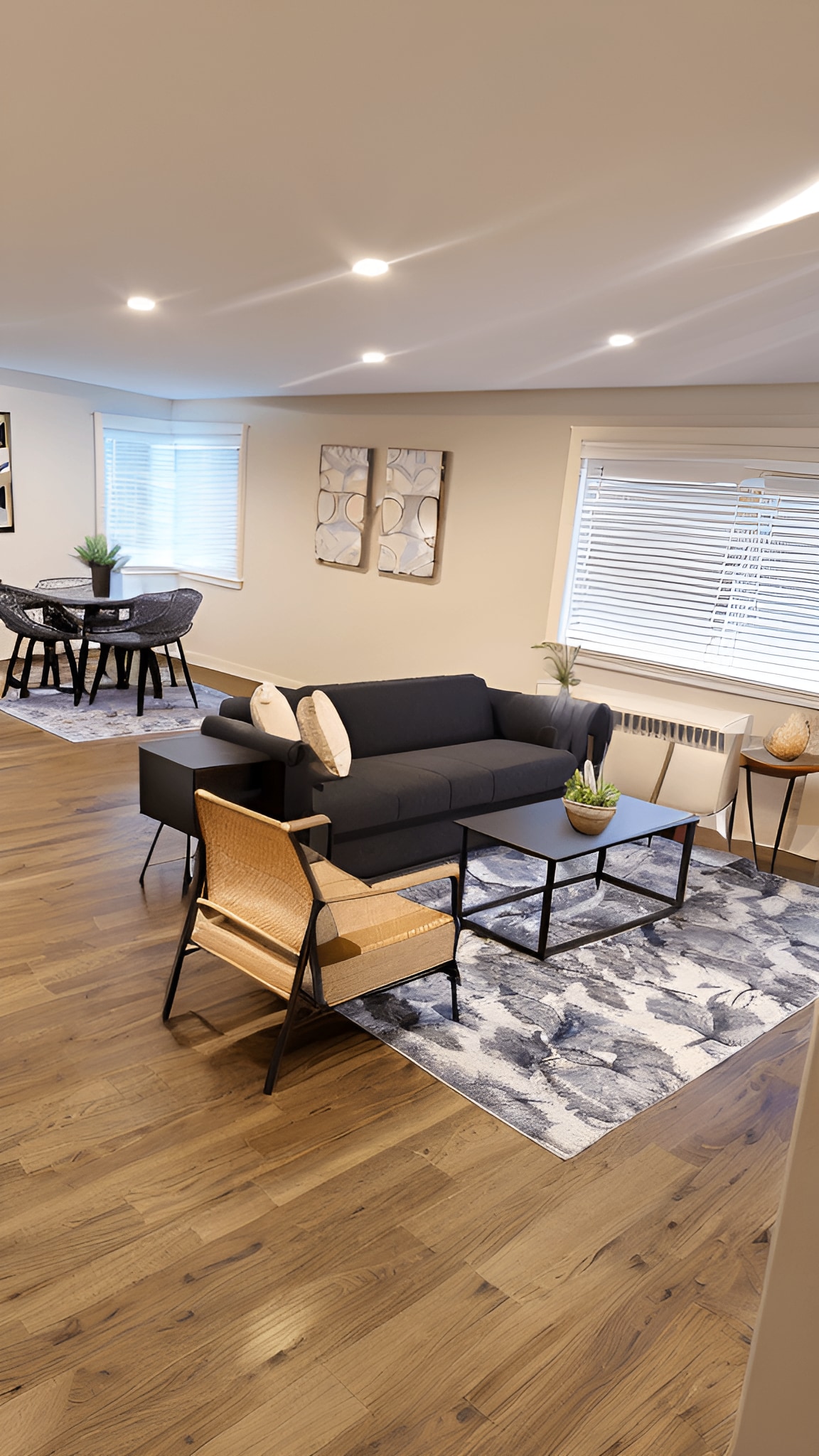 A light and airy living area features a modern sofa and a glass-top coffee table on a decorative rug. A dining table for four sits nearby, surrounded by stylish chairs. Large windows provide ample natural light, complemented by soft, neutral-colored walls.