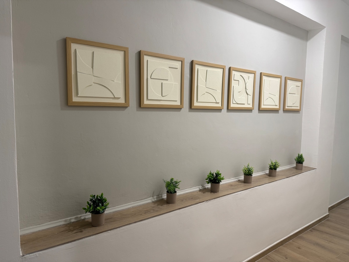 A clean, minimalist hallway features a series of six framed artworks hung on a light-colored wall. Below, a narrow shelf is adorned with several small potted plants, adding a touch of greenery to the space.