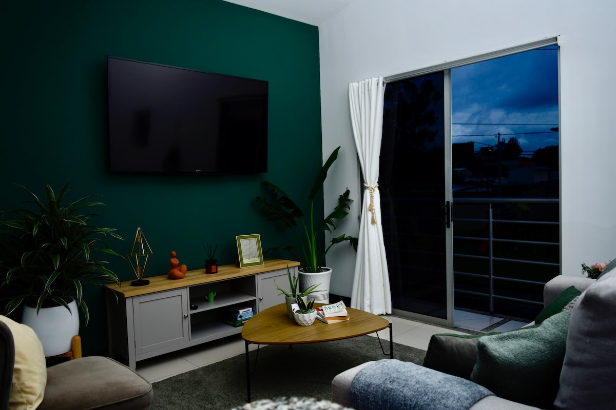 A living area features a dark green accent wall and a large flat-screen television mounted above a light gray cabinet. A round wooden coffee table is centered on a soft rug, while a plant in a pot adds a touch of greenery. Natural light filters through sheer curtains covering sliding glass doors.