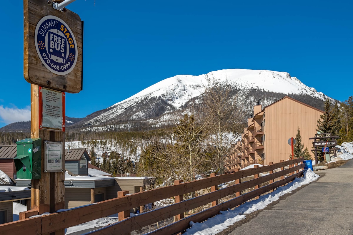 A snow-capped mountain rises majestically in the background while a wooden fence lines the forefront. A sign indicating the free Summit Stage bus service is visible, alongside a well-maintained path leading into the community. The clear blue sky enhances the serene winter landscape.