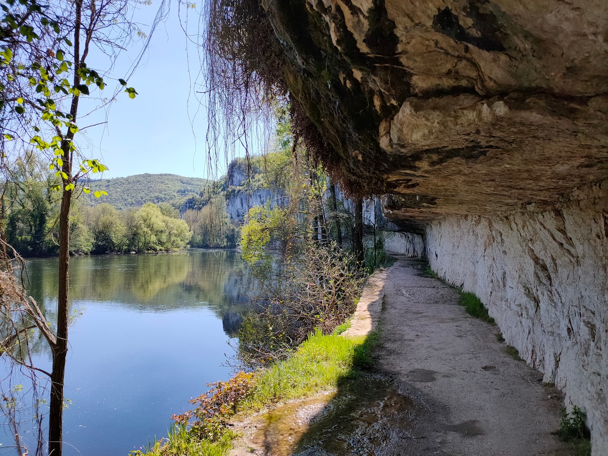 A serene riverside path is visible, bordered by a rocky overhang and lush greenery. The calm water reflects the landscape, showcasing trees and gentle slopes. Sunlight filters through the branches, creating a peaceful natural setting ideal for walking or relaxing.