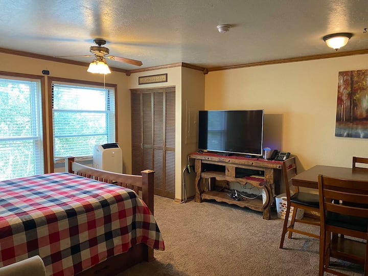 วิวจากพื้นที่นั่งเล่นพร้อมโซฟาเบดตู้เสื้อผ้าตู้เสื้อผ้าและทีวี 55 "