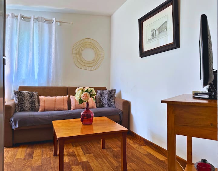 Accogliente soggiorno interno con divano letto e angolo TV 
(Etang Salé les Bains - Les Villas Emmanuel - 974 ile de la Réunion)