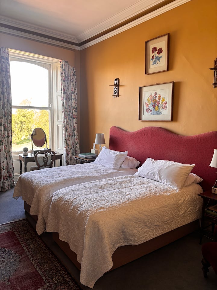 Configurație cu paturi de o persoană. Vedere la parc.