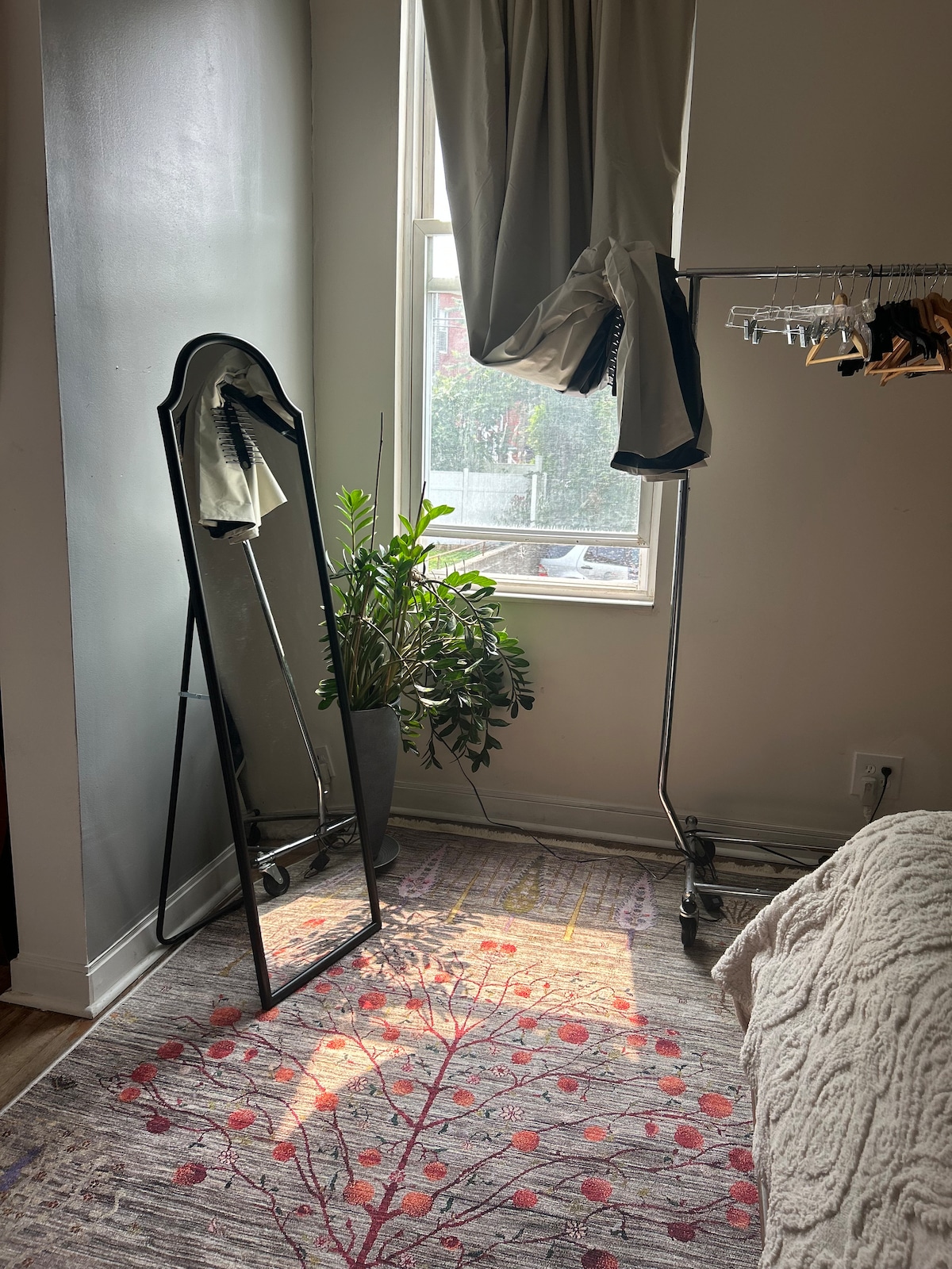 A tall, black-framed mirror stands beside a window, reflecting natural light. A plant is situated in a pot nearby. A rack for clothing is positioned next to the mirror, enhancing the functionality of the space. A patterned rug with leaf motifs adds warmth.
