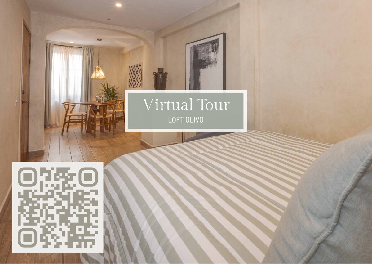 Zbulo shëtitjen tonë virtuale në Loft Olivo! Skano kodin QR për të eksploruar hapësirën dhe pamjet spektakolare të katedrales nga tarraca në çati.