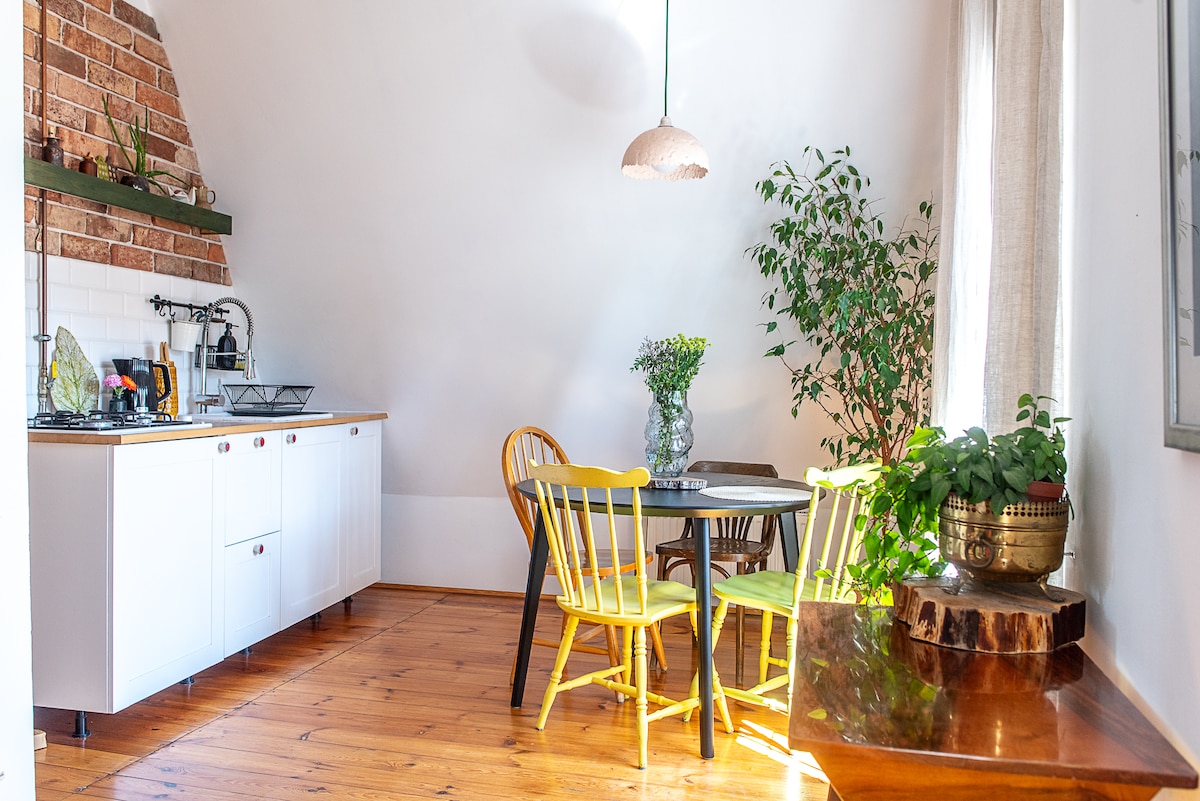 The kitchen area features a wooden floor, complemented by a round table surrounded by colorful chairs. A well-stocked kitchen counter includes a stove and sink, with a vase of flowers adding a fresh touch. Potted plants are arranged to enhance the inviting atmosphere.
