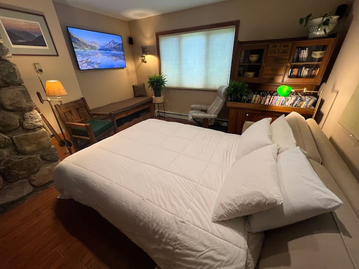 De filmkamer wordt omgebouwd tot een slaapkamer met een queensize slaapbank. Het is in een aparte vleugel met de bibliotheek en kantoorruimte en heeft een volledig bad met een jacuzzi. Uitgebreide dvd-filmcollectie, slimme 55 inch tv met kabel, Netflix en Prime-streaming.