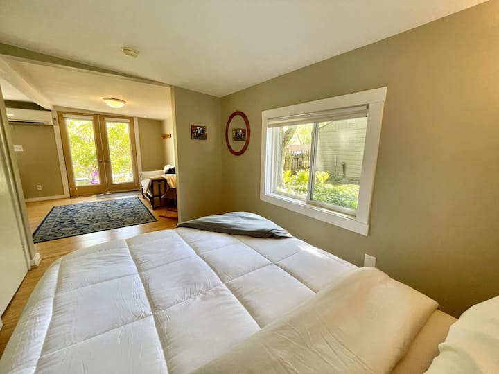 The plush and comfy queen bed is the perfect spot for a slow morning or early evening!