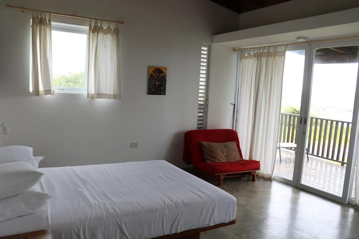 Cama tamaño queen y sofá futón que se abre como una cama doble.