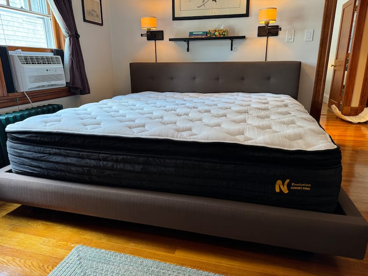The master bedroom has a brand new King size bed with a Nolah 17 Luxury hybrid plush mattress...best sleep ever!