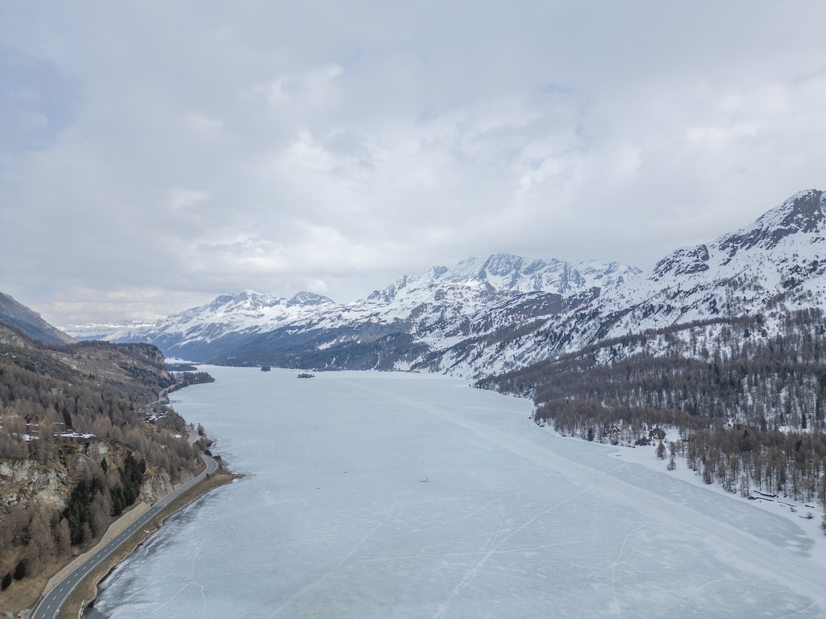 A serene winter landscape unfolds, featuring a frozen lake bordered by snow-covered mountains. The expansive view captures the contrast of icy waters and the rugged terrain, with scattered trees dotting the shore, creating a tranquil atmosphere. Overcast skies provide a soft, diffused light.