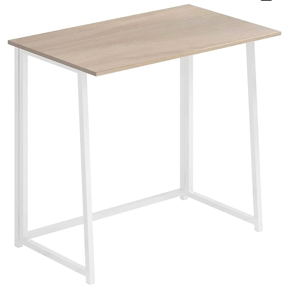 A minimalist desk is presented with a light wood surface and white metal legs. The simple design offers a functional workspace, suitable for various activities. The overall aesthetic is clean and modern, making it easy to integrate into different environments.