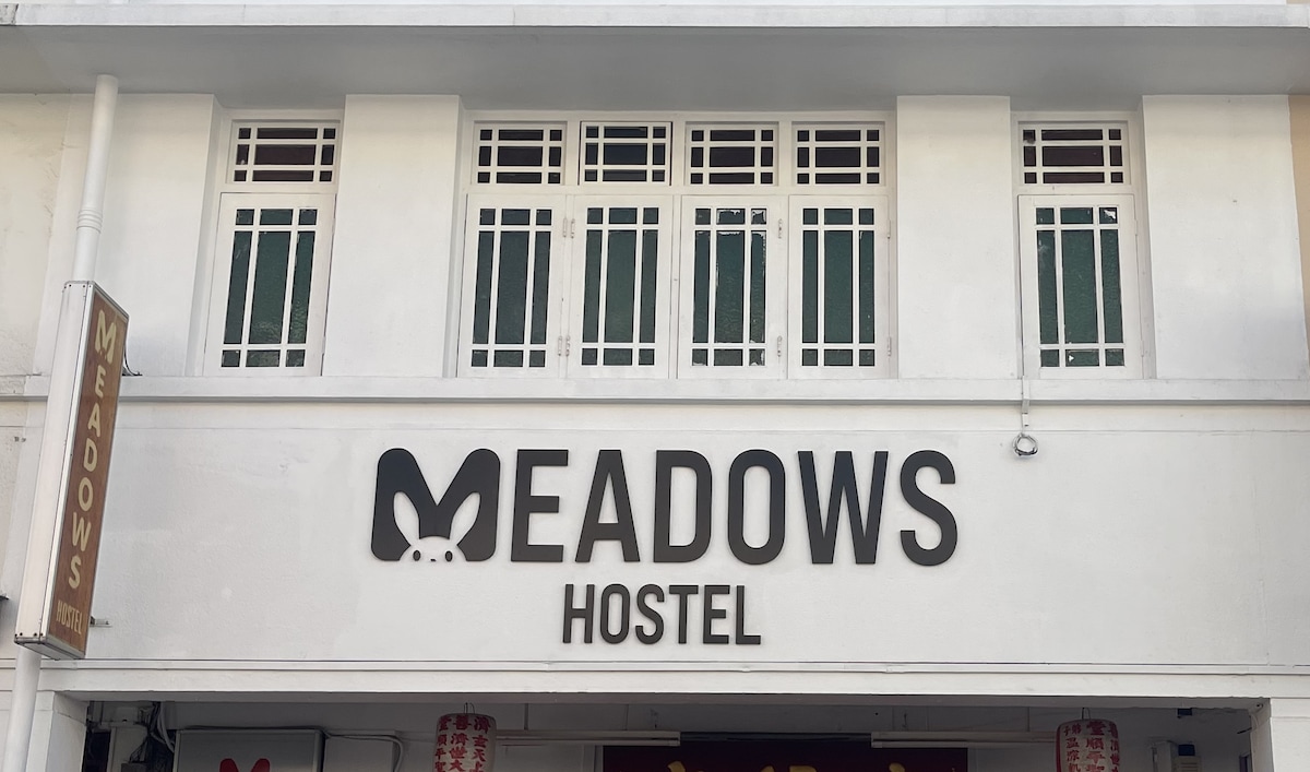 The exterior of Meadows Hostel is displayed, featuring large windows that allow natural light to brighten the facade. The hostel's name is prominently featured in bold letters, accompanied by a rabbit logo. A welcoming entrance is visible, inviting guests inside.