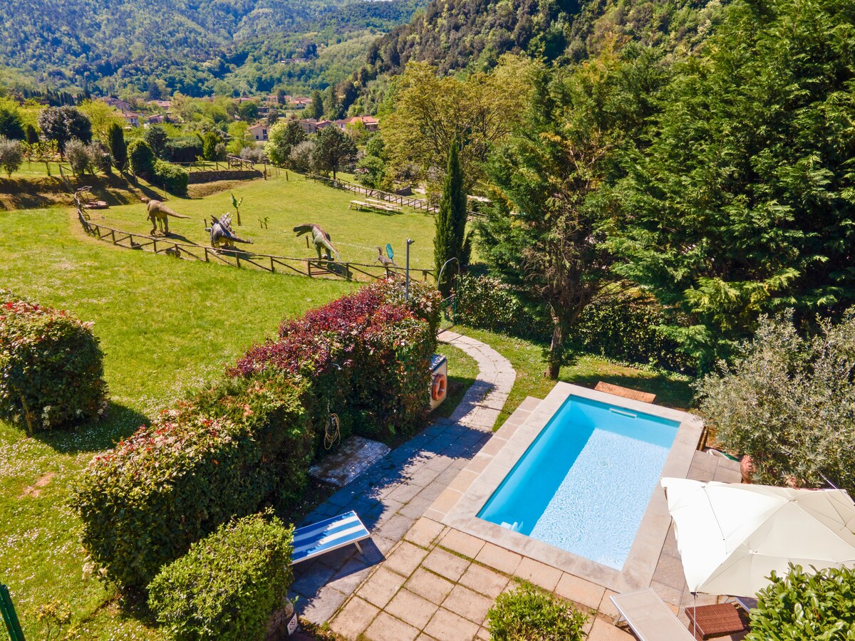 An aerial view of the property reveals a private pool surrounded by manicured gardens. Lush green hills and grazing horses are visible in the distance, enhancing the tranquil rural setting. Sun loungers are positioned beside the pool, and an umbrella provides shade.