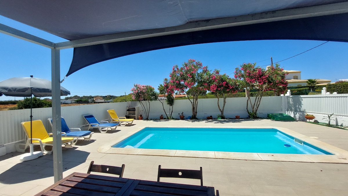 A private pool area is featured, surrounded by a spacious patio. Sun loungers in vibrant colors are positioned near the pool, while an umbrella offers shade. Flowering plants line the perimeter, contributing to the open space's relaxing atmosphere. A dining table is visible in the foreground.