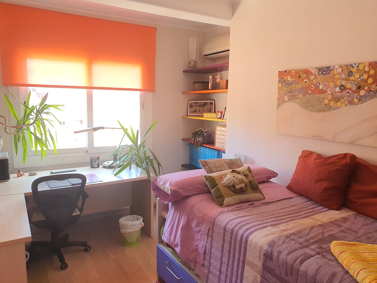 A well-lit room features a single bed adorned with bright pillows. A large desk is positioned nearby, with a chair, ideal for work. Shelving units display books and decorative items, while a plant adds a touch of greenery. Large windows provide natural light, covered by an orange shade.