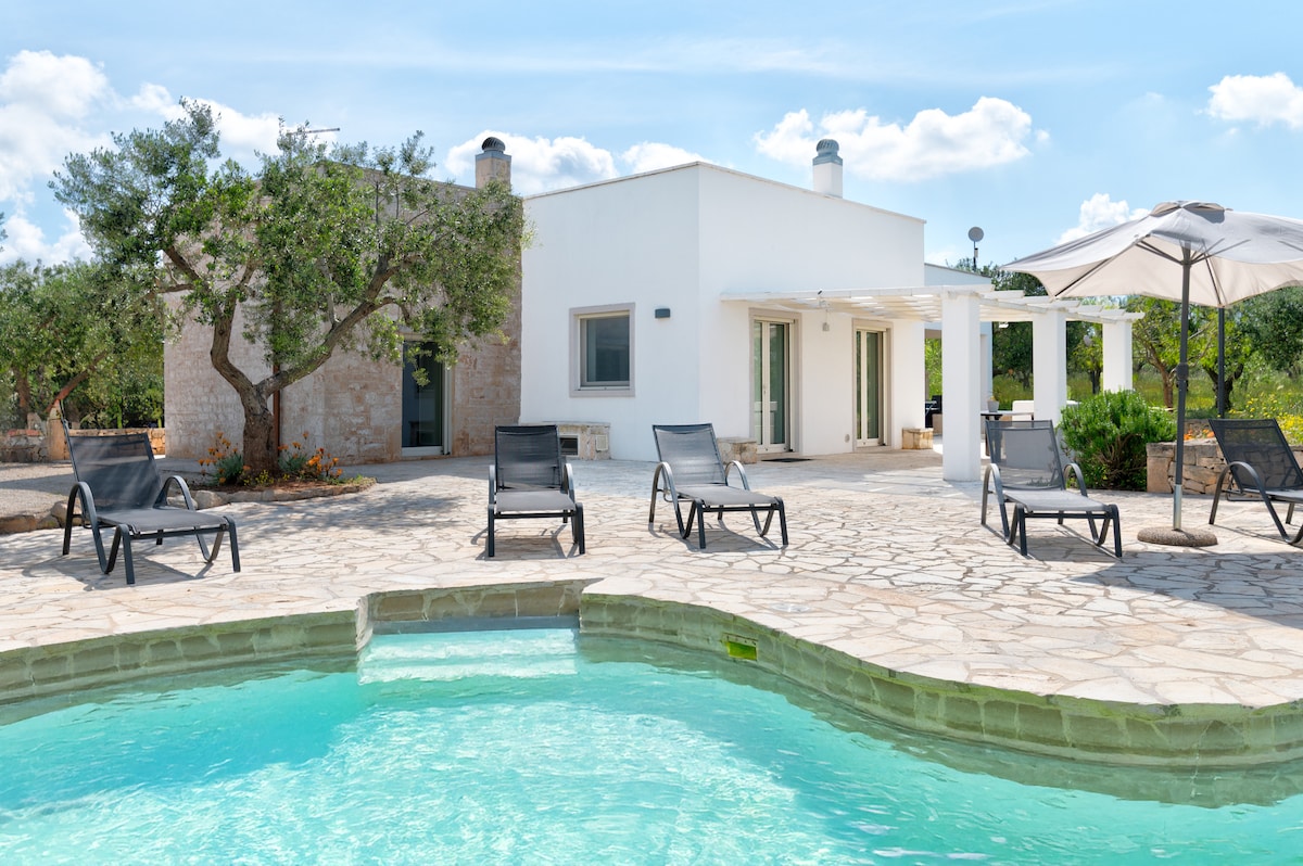 A private swimming pool is surrounded by a spacious stone patio, featuring several lounge chairs for relaxation. The villa's exterior, with a blend of traditional and modern design, is complemented by lush olive trees. An umbrella provides shade for outdoor enjoyment.