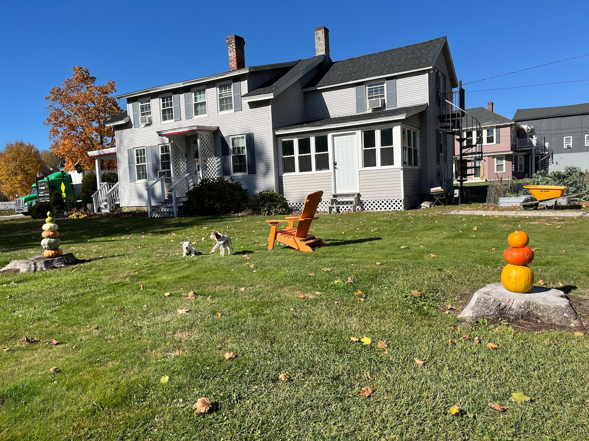 A spacious exterior view of the two-story house features a well-maintained lawn with seasonal decorations. Two colorful stacked pumpkins are positioned on stone pedestals, while a simple wooden chair invites relaxation. Nearby, a few garden sculptures complement the inviting outdoor space.