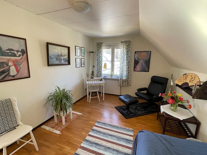 חדר ליחיד עם מיטת יחיד, כורסה ושולחן כתיבה.