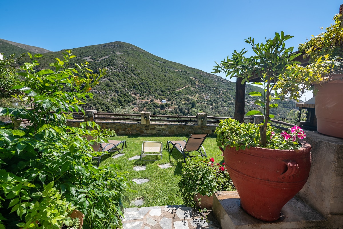 A private garden area features a lush green lawn bordered by vibrant plants and flowers. Lounge chairs are arranged for relaxation, while a terracotta pot holds a small citrus tree. Scenic mountain views enhance the tranquil outdoor space.